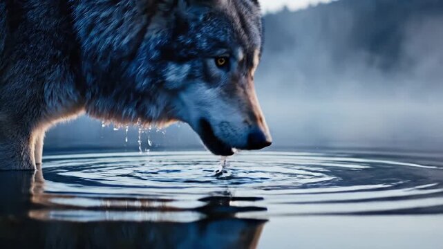 Wolf Drinking from Misty Lake with Reflection at Dawn