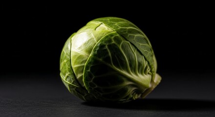 Fototapeta premium A Single Brussels Sprout Centered Against Dark Background in Studio Lighting