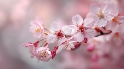 Fototapeta premium Close-up of delicate pink cherry blossoms blooming on a branch in spring.