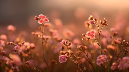 Close-up of delicate pink wildflowers blooming in a field at sunset, bathed in warm golden light.