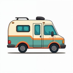 Illustration shows retro camper van. Vehicle for camping, summer holidays. Cartoon motorhome for family travel adventures. Ideal for road trip, vacation tourism. Campervan image for mobile app.