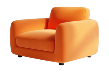 Contemporary plush single seat upholstered furniture item displays vibrant orange coloration