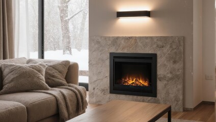 Cozy Living Room with Modern Fireplace and Comfortable Sofa.