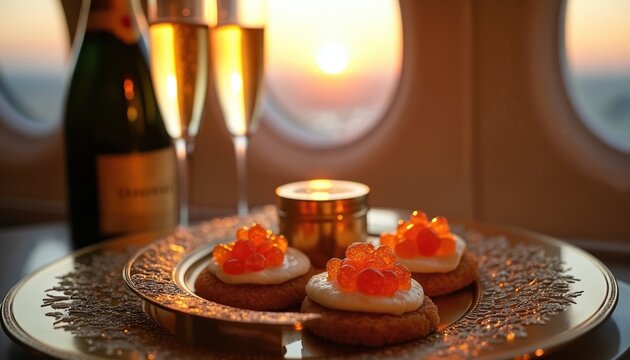 Luxurious blini with caviar on golden plate. Champagne in glasses and bottle. Candlelight on private jet at sunset. Elegant luxury food and drink service. Fine dining experience in flight.
