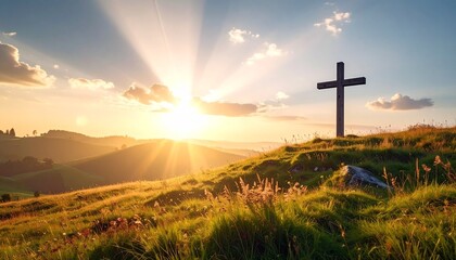 Golden Hour Grace. A wooden cross on a rolling hillside, bathed in the warm, soft, golden light of late afternoon.