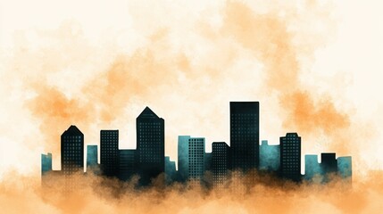 Fototapeta premium Watercolor Skyline of a Metropolis featuring Teal Buildings With Smoky Orange Hues and Abstract Design Against a Light Beige Backdrop