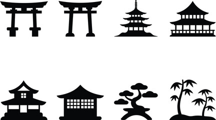 Naklejka premium Icon set of traditional Japanese architecture and bonsai trees silhouette style