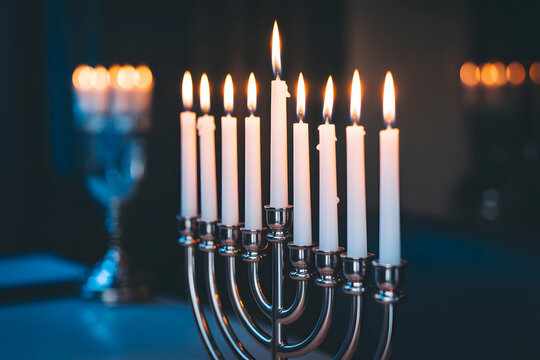 Hanukkah menorah with lit candles in a festive atmosphere