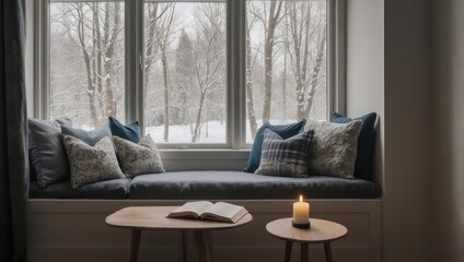 Cozy window seat reading nook with a candle and winter view.