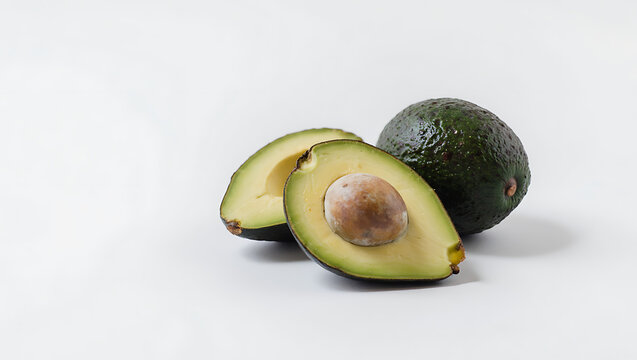 Whole and Halved Avocado on White Background – Fresh Healthy Food Close-Up
