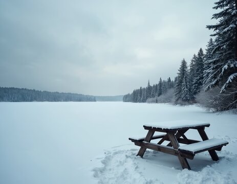 Tranquil winter scene shows frozen lake covered in snow. Rustic wooden picnic table stands by shore, also blanketed in white. Pine trees line horizon under cold sky. Peaceful nature landscape - Powered by Adobe