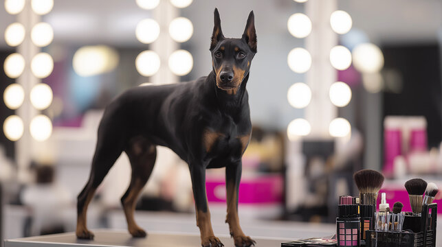 Doberman pinscher standing on a makeup table in a dressing room. Vanity lights and makeup tools frame the scene.