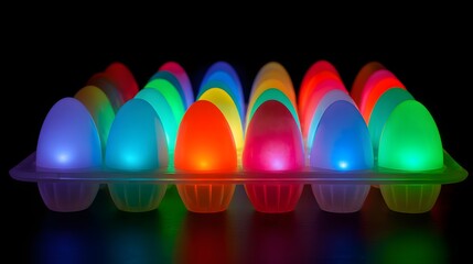 Colorful glowing LED eggs in a plastic carton against a black background.