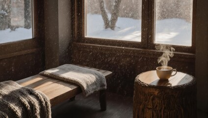 Cozy Winter Morning Scene with Steaming Coffee and Sunlight.