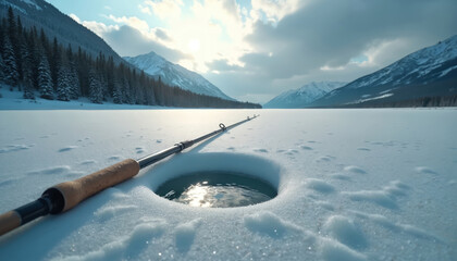 Fishing rod waits for catch by hole in frozen lake. Snowy mountains and forest surround winter landscape. Cold clear day for ice fishing hobby.