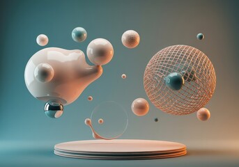 Abstract digital rendering of impossible liquid forms and structured geometries floating in an ethereal, vibrant atmosphere ,fluid ,undulating ,rendering