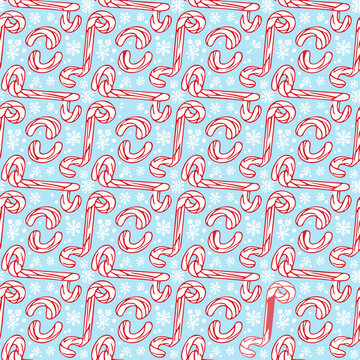 Seamless Pattern of Red and White Candy Canes and Snowflakes