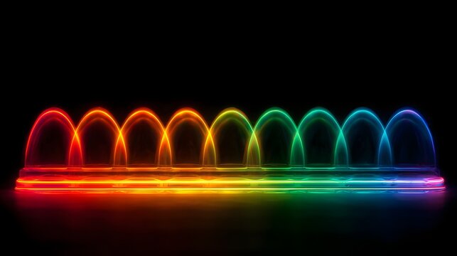 Colorful spectrum of light trails forming a series of bouncing arcs on a black background.