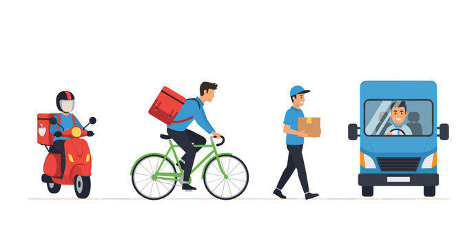 Delivery services using different transport methods like scooter bicycle and truck, Generative AI.