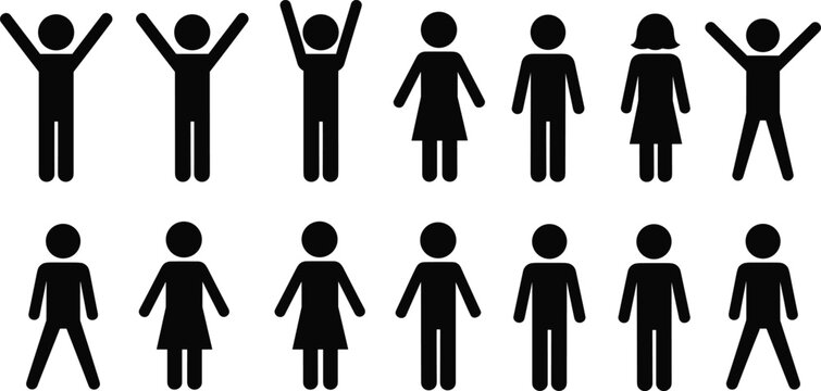 Human figure silhouettes, diverse icons, gender representation, black and white, vector illustration, body language, demographic design, stylized people, posture variety, skirt figure,