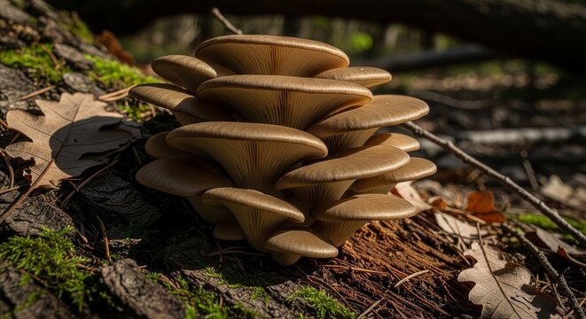 A Fantastic Group Of Fresh Mushrooms Growing On A Forest Tree Trunk Outdoors