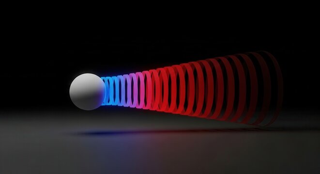 Abstract illustration of a white sphere generating a red and blue sound wave