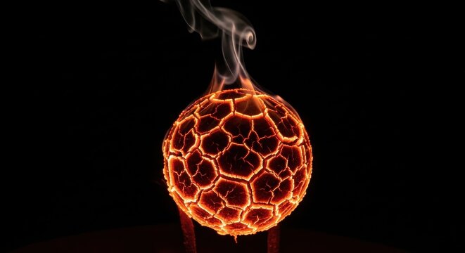 Burning sphere with cracked fiery surface and smoke on dark black background