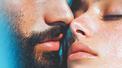 Close-up of young couple with noses touching, man with stubble beard and woman with freckles against blue background, intimate romantic moment.
