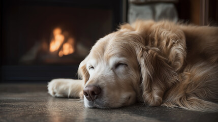 Golden retriever sleeping by a fireplace in a living room. Fireplace glow creates a warm, calm mood.