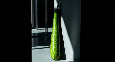 A Green Zucchini Leaning Against a White Wall with Dramatic Shadow and Light Interaction