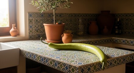 A Green Vegetable Resting on a Beautifully Decorated Kitchen Countertop