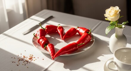 A Heart Composed Of Chilies On A Plate With A Rose Enhancing Table Ambience