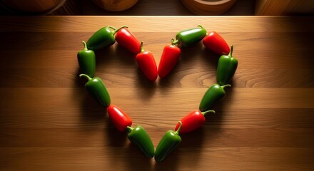 A Heart Composed Of Chilies With Varying Hues Placed on a Wooden Surface