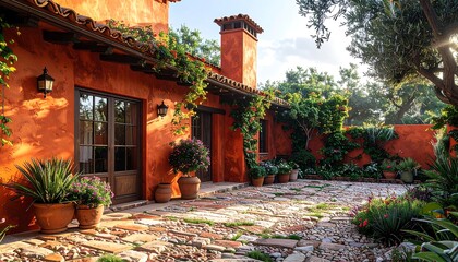 Charming Mediterranean-style villa with sunlit patio and lush garden.