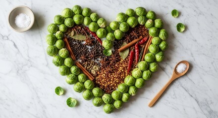A Heart Composed Of Fresh Brussels Sprouts And Various Spices Displayed