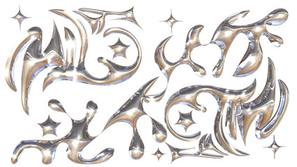 3D Chrome Liquid Tribal Shapes with Sparkle Stars – Abstract Metallic Fluid Icon Set in Silver Gloss, Futuristic Brutalist Acrylic Style Decorative Vector