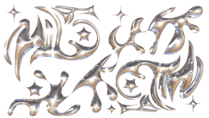 3D Chrome Liquid Tribal Shapes with Sparkle Stars – Abstract Metallic Fluid Icon Set in Silver Gloss, Futuristic Brutalist Acrylic Style Decorative Vector