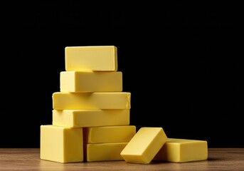 A tall, impressive stack of golden yellow dairy butter portions ready for baking, cooking, or spreading. Rich, creamy fat source ,rich ,square ,farm