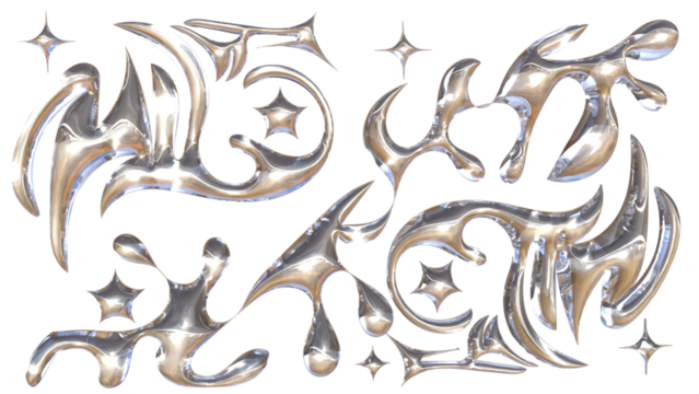 3D Chrome Liquid Tribal Shapes with Sparkle Stars – Abstract Metallic Fluid Icon Set in Silver Gloss, Futuristic Brutalist Acrylic Style Decorative Vector