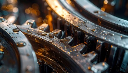 Close up of metal gears with oil drops and reflections.