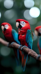 Obraz premium Vibrant scarlet macaws perched on branch with blurred bokeh background, showcasing brilliant red plumage and blue wing feathers in natural habitat.