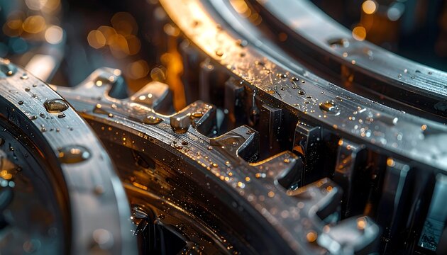 Close up of metal gears with oil drops and reflections.