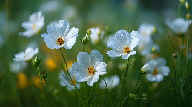 Delicate white cosmos flowers with yellow centers blooming in green meadow, creating serene natural landscape for garden inspiration.