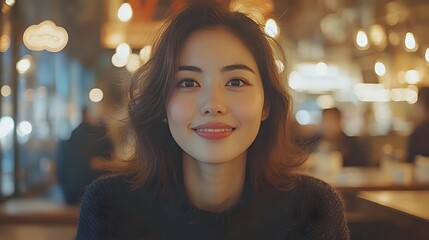 Young Asian woman with warm smile in dark sweater against blurred evening restaurant background with bokeh lights.