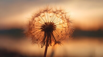 Dandelion seed head glowing in warm sunset light, close-up.