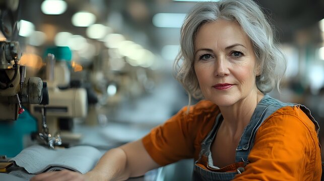 Senior woman with silver hair in orange shirt and denim overalls working at industrial sewing machine in textile factory. - Powered by Adobe