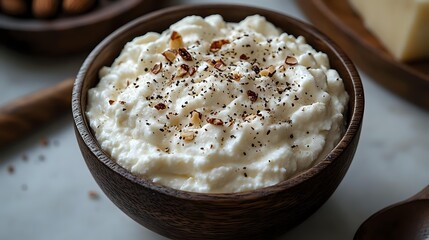 Creamy cottage cheese in wooden bowl topped with freshly ground pepper and red spice flakes, served as healthy protein-rich breakfast or snack.
