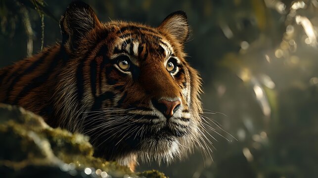 Majestic tiger portrait in natural jungle habitat with dramatic lighting highlighting its striped fur and intense gaze. Wildlife conservation concept.