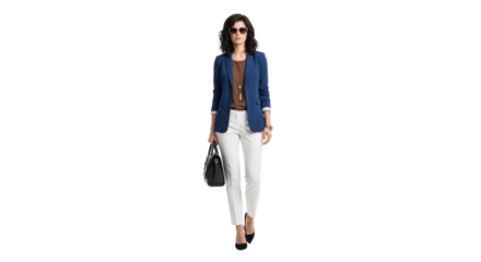 Confident woman in blue blazer and white pants radiating stylish professionalism ready for business meetings now