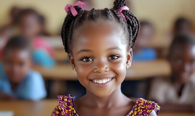 Smiling African girl with braided hairstyle and pink hair accessories in classroom setting, wearing colorful patterned dress.